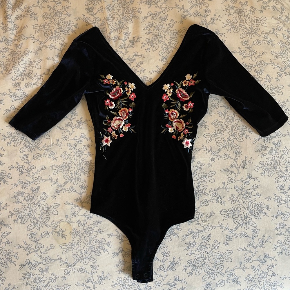Velvet Bodysuit with Floral Design